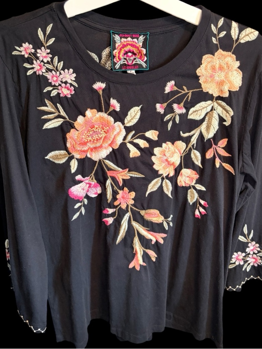 Johnny Was Los Angeles Embroidered Floral Tee Top Black Boho Luxe